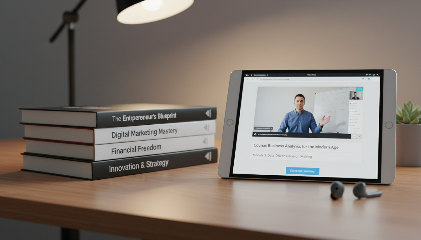 business books and digital tablet for online learning