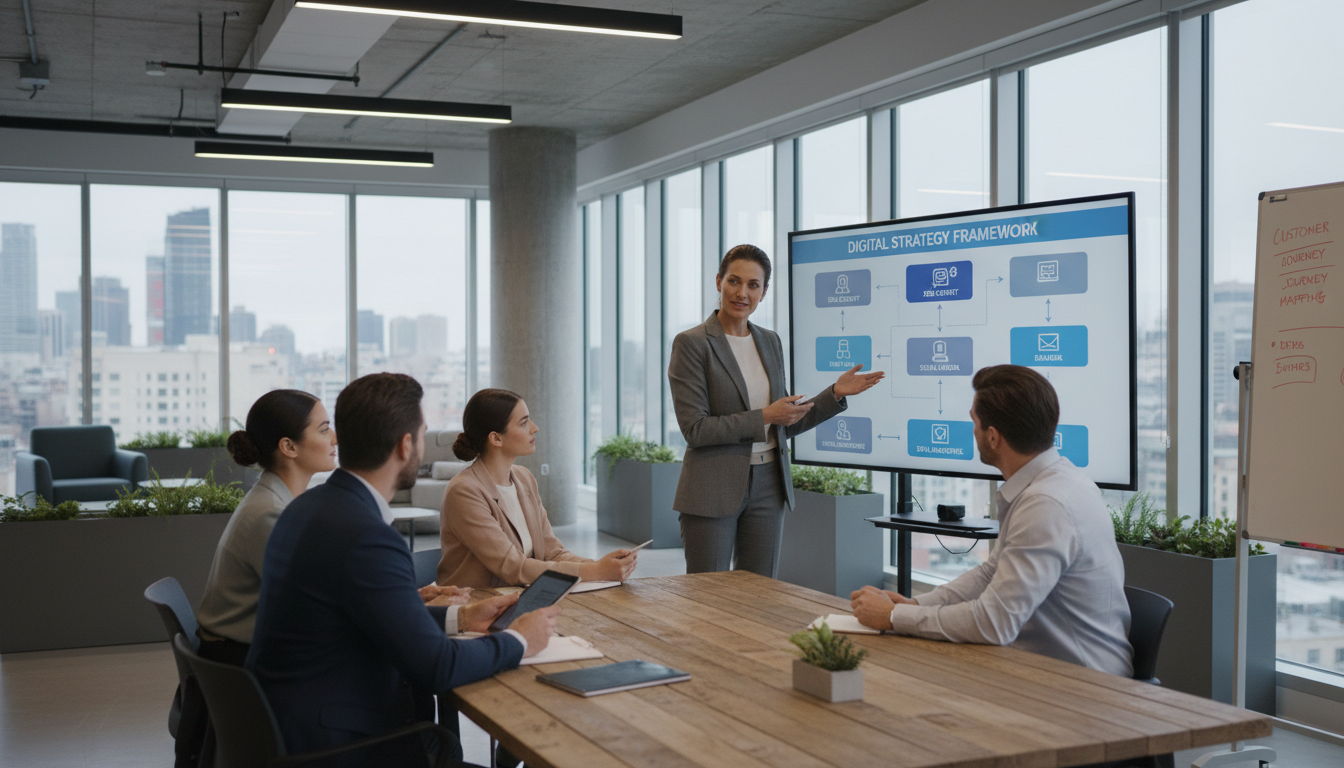 professional mentor teaching digital strategy in modern office